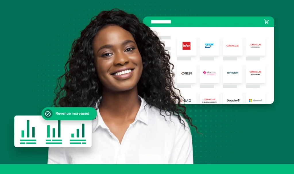 Smiling female with billtrust product samples in background showing product increased revenue