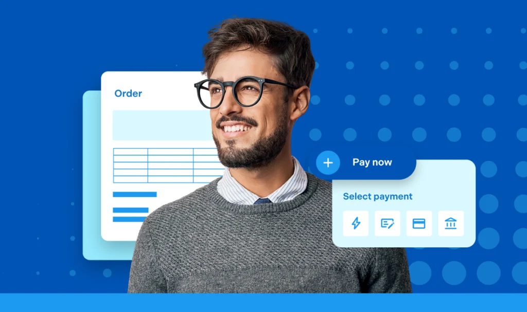 A smiling person overlaid with payment and order icons
