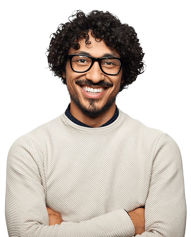 Man with curly hair and glasses smiling