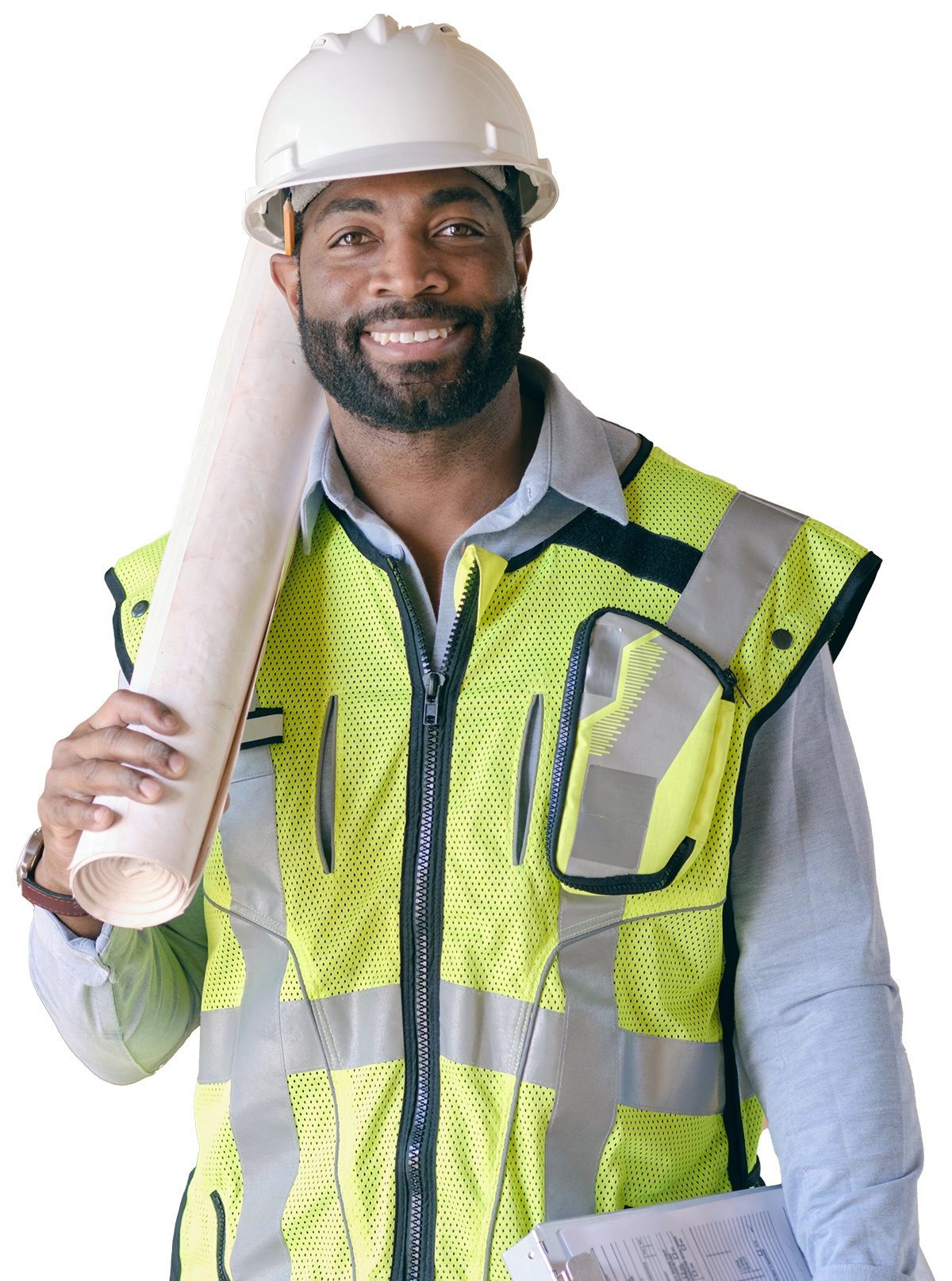 Contractor holding rolled-up plans