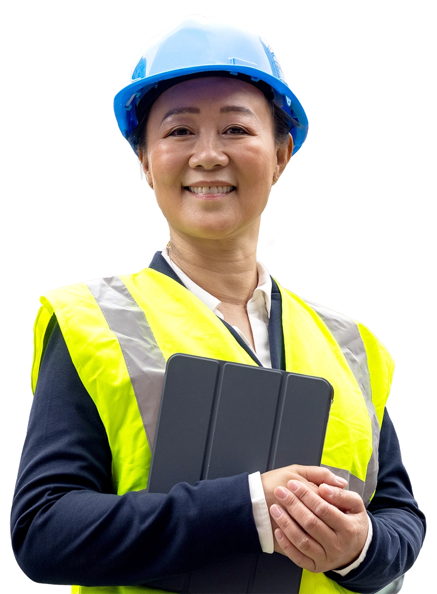 Woman with hard hat, iPad and vest