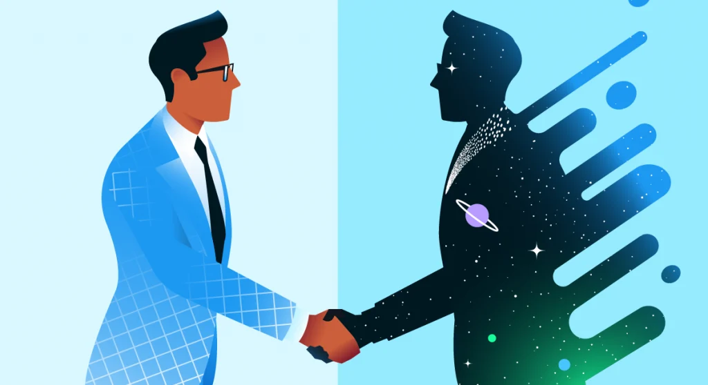 Man shaking hands with spaceman