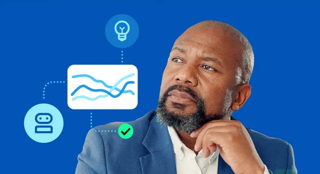 man in suit with beard looking at Finance leaders are cautious about AI report icons